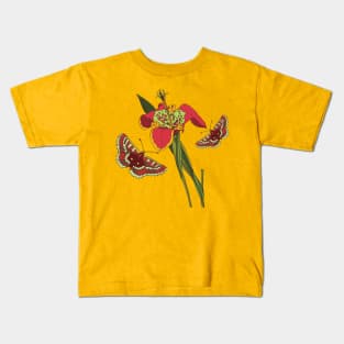 Botanical illustration an iris plant and a butterfly Kids T-Shirt